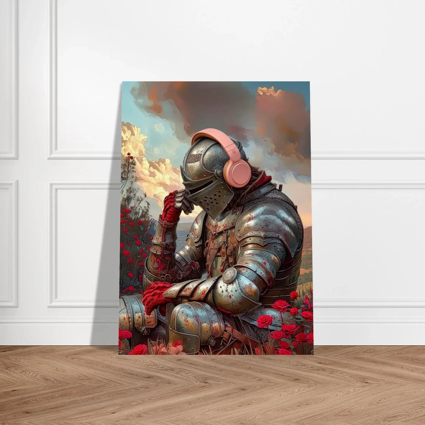 The Knight of Silence surreal art print with armored knight in red roses wearing headphones, symbolizing introspection and emotion.