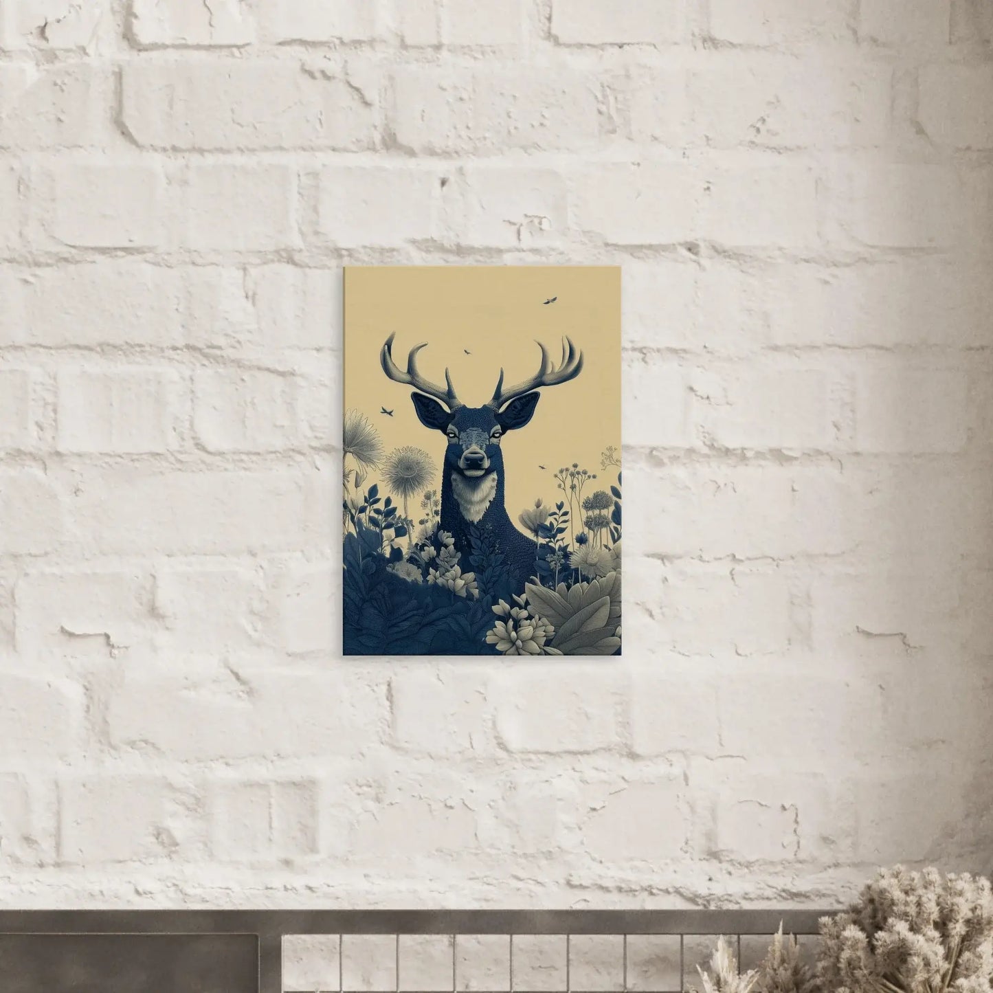 Majestic Stag in Bloom – Minimal nature canvas wall art on white brick wall