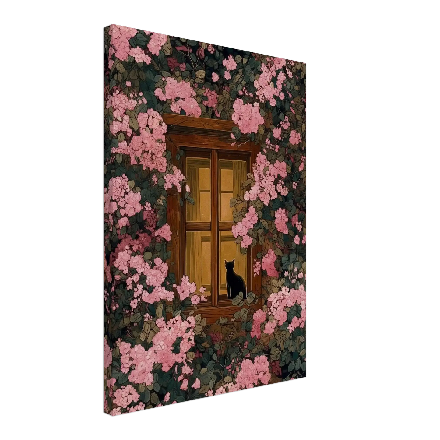 Pink Blossom Window Cat Canvas featuring a black cat by a window surrounded by pink blossoms and greenery, evoking warmth and serenity