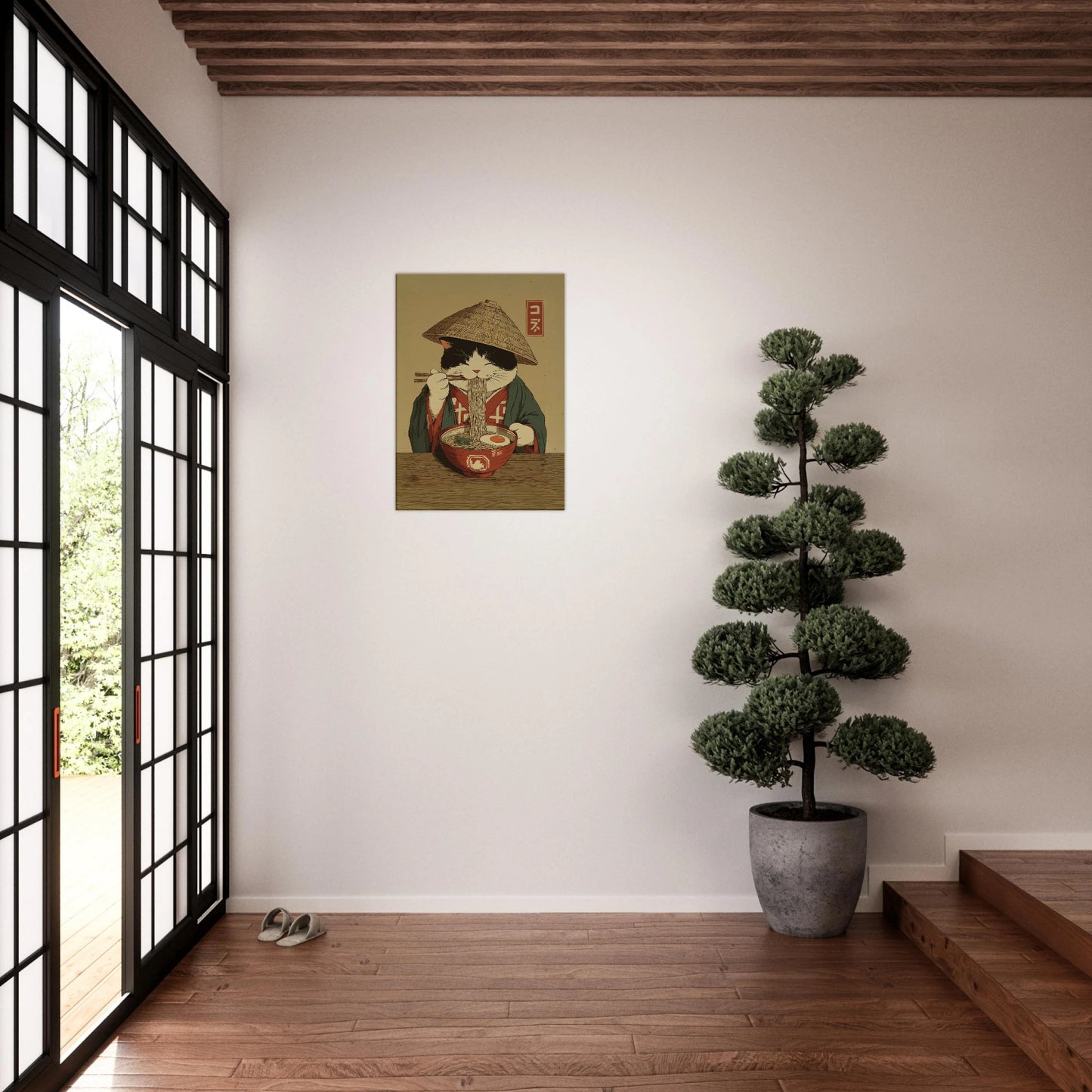 Ramen Cat Canvas - Japanese cat art with cozy noodle illustration in tranquil room setting.