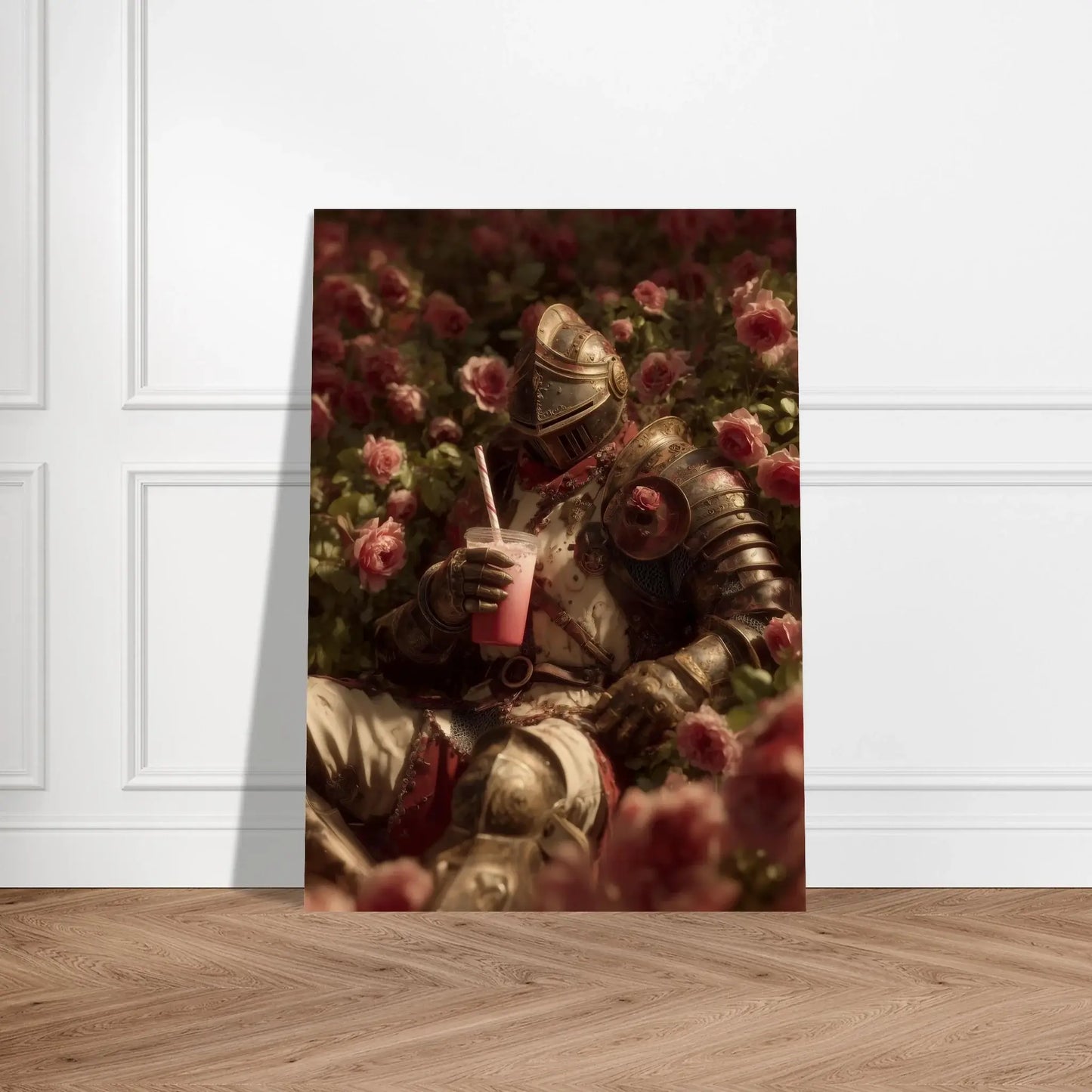 The Gentle Knight in Bloom - surreal medieval wall art of a knight among roses sipping a drink