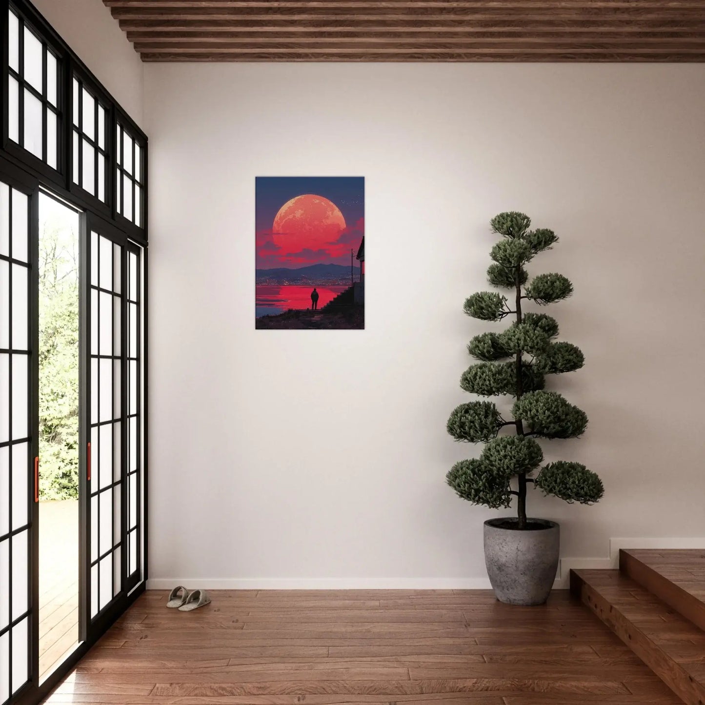 Crimson Moon Over the Sea canvas art in modern interior with potted plant and large windows.