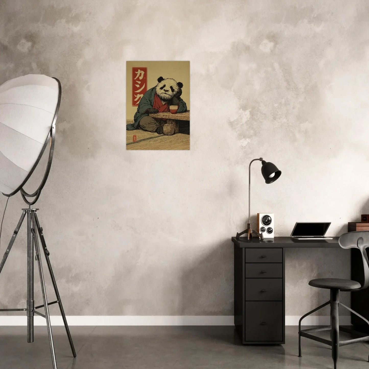 Japanese Ukiyo-e Inspired Wall Art – Zen Panda Poster in minimalist room with desk and lamp
