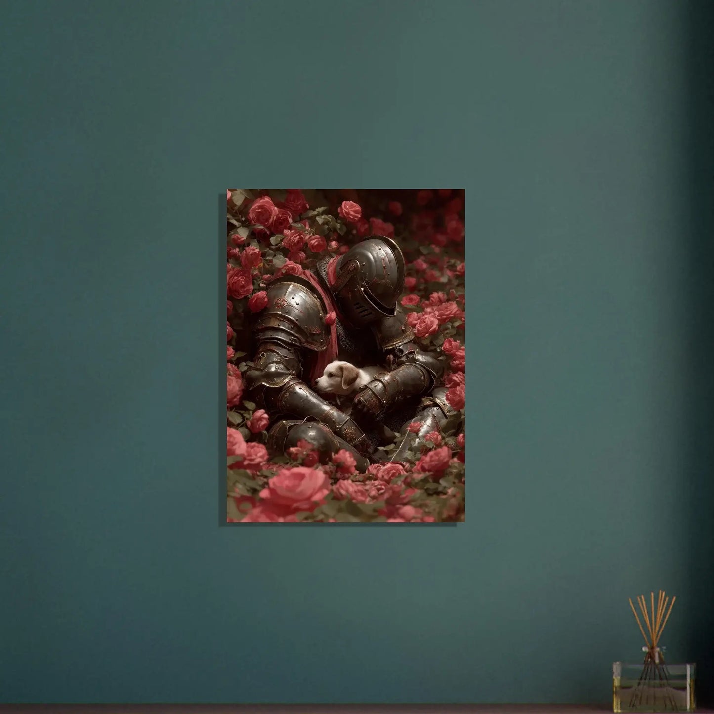 Surreal medieval love poster of a gentle knight in armor with a small white dog among crimson roses, blending strength and tenderness.