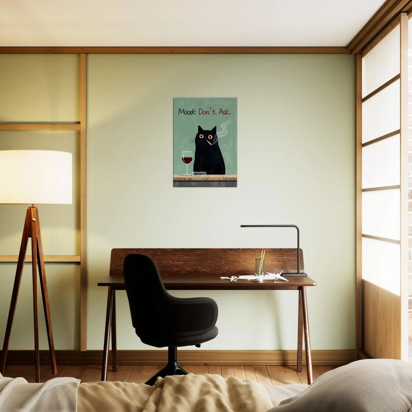 Funny Cat Wall Art featuring a black cat with wine and cigarette, dark humor canvas, "Mood: Don't Ask" on a minimalist wall.