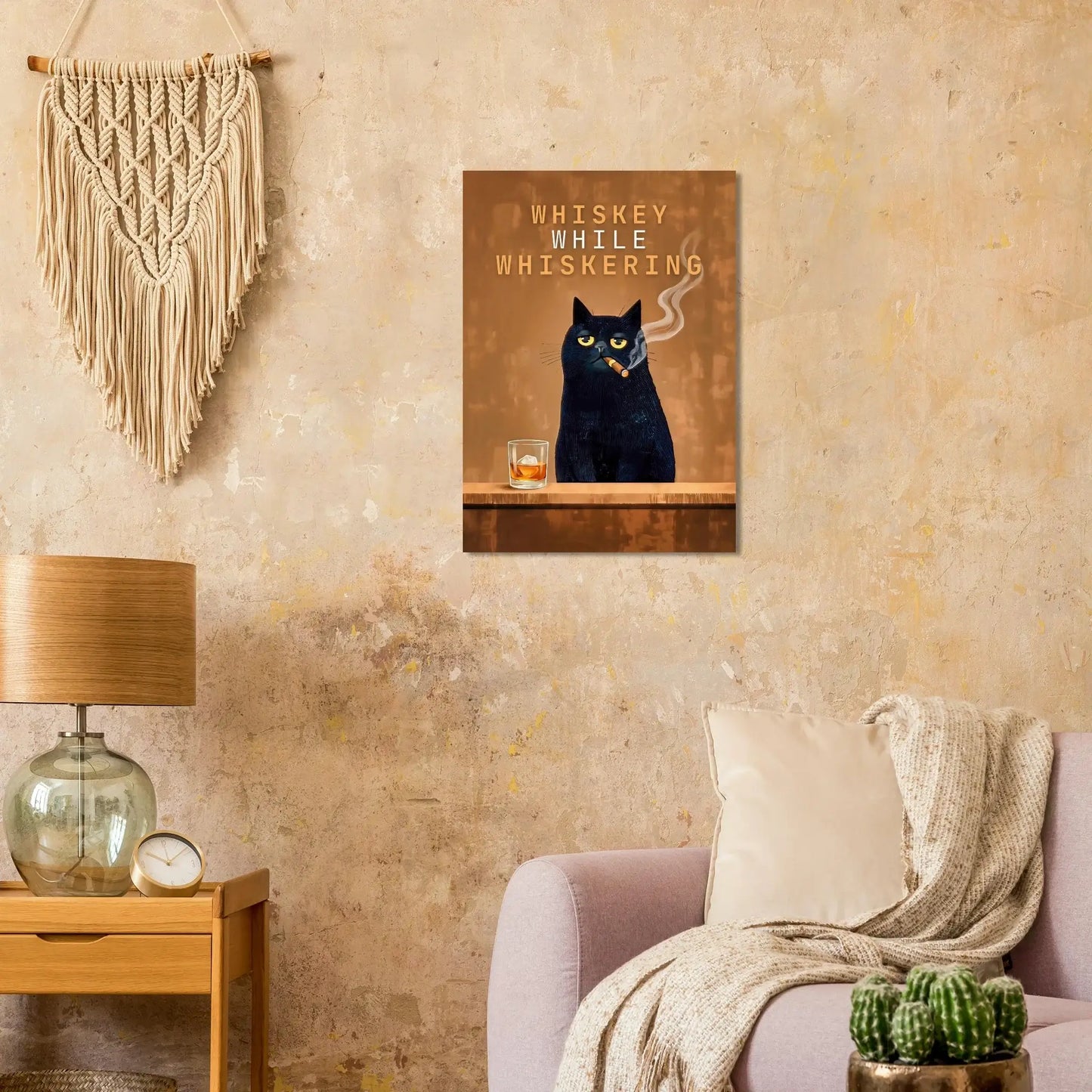 Vintage Cat Bar Poster - Black cat with whiskey glass, perfect for home bar decor.