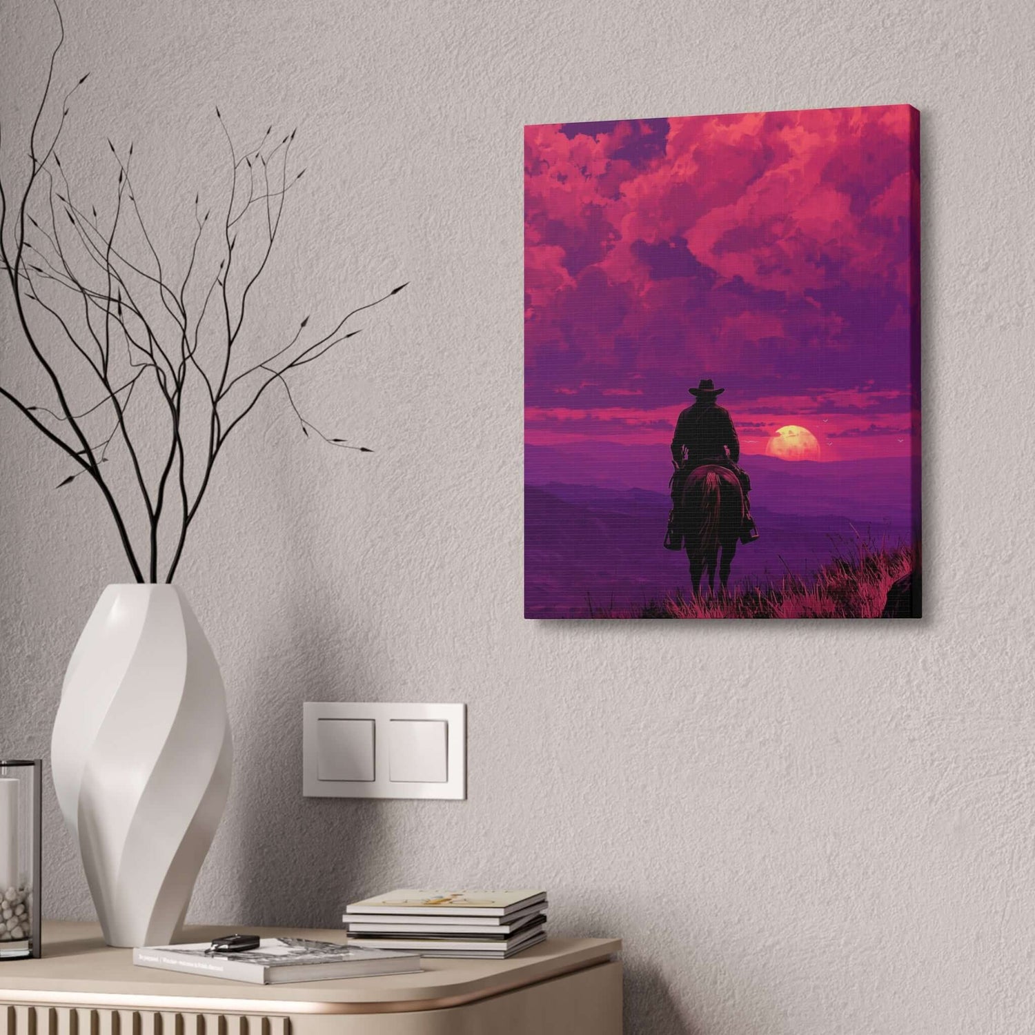 Canvas Prints – Cowboy riding at sunset on artistic wall art for modern interiors.