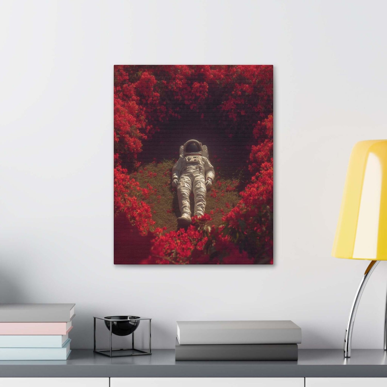 Surreal astronaut design on a Poster Prints wall art displayed in a modern living space with bold contemporary aesthetics.