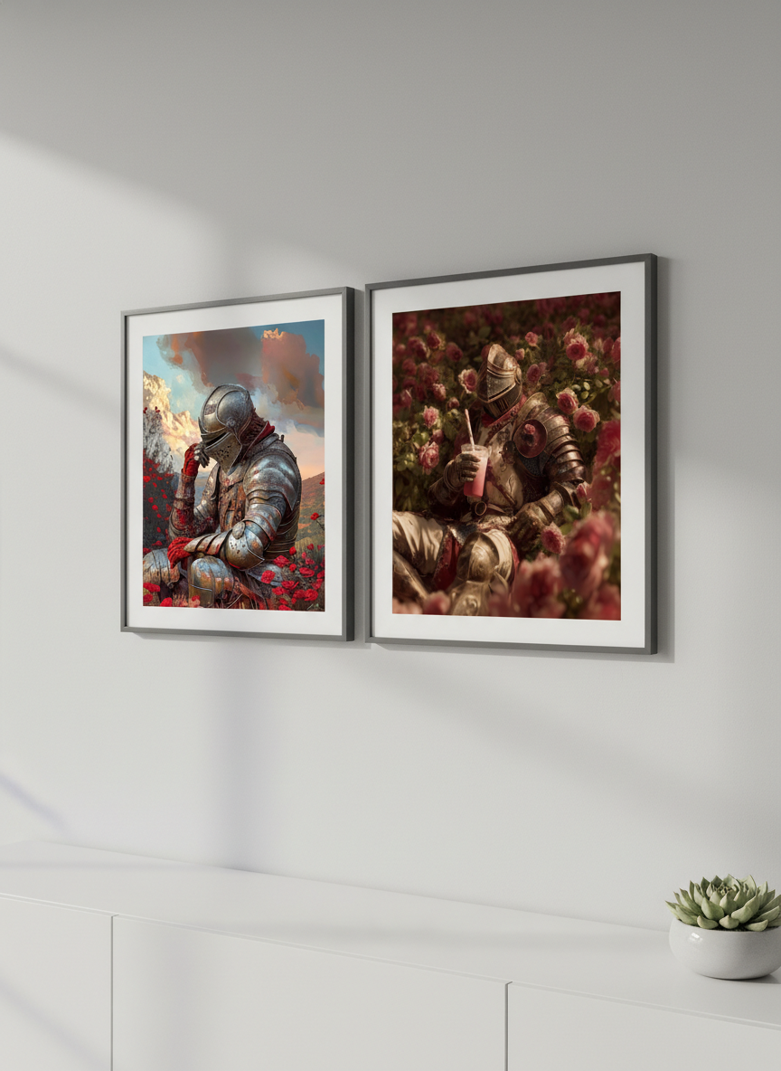 Surreal wall art print featuring an astronaut sitting among red flowers, blending futuristic design with cinematic artistic style.
