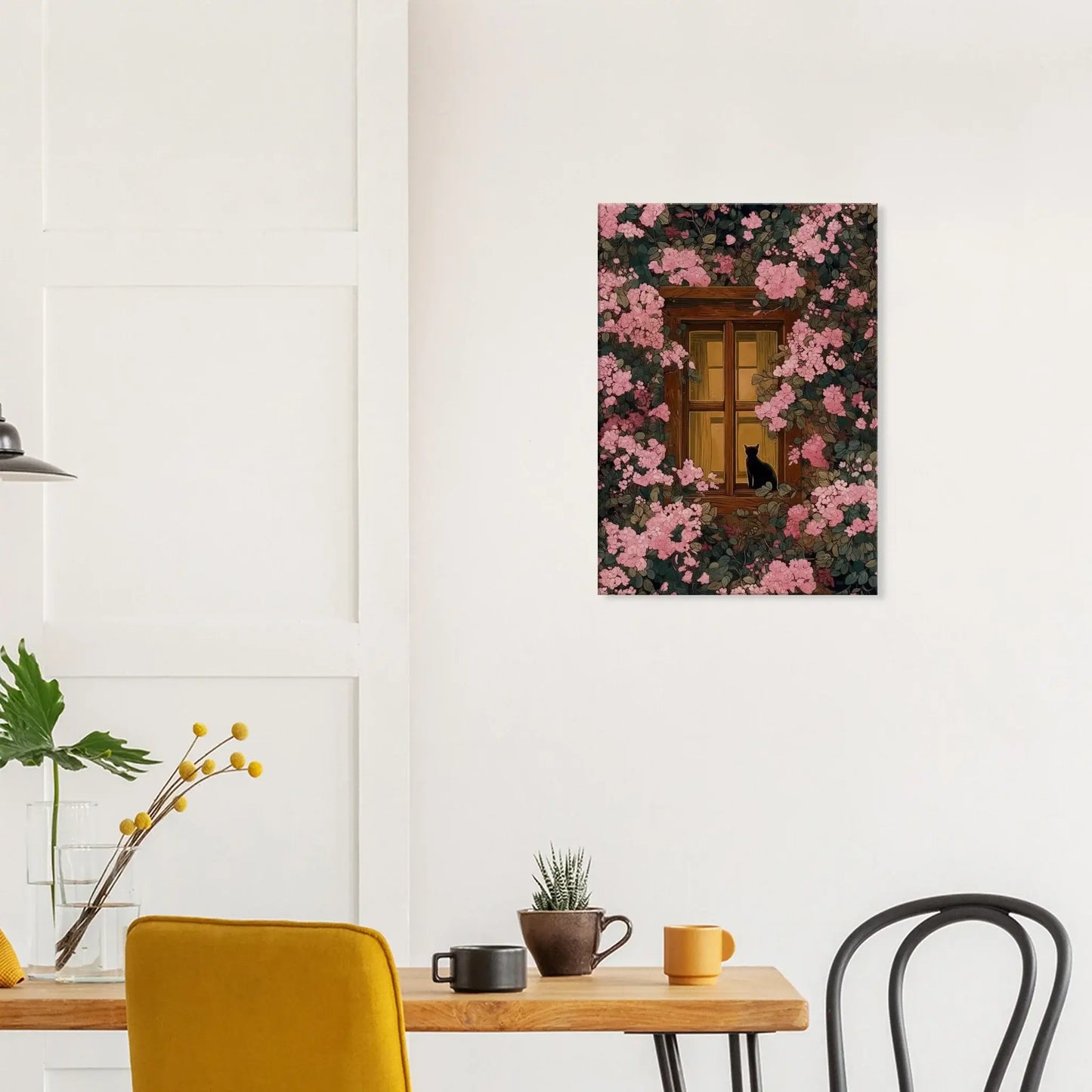 Pink Blossom Window Cat Canvas hanging in serene dining room, featuring black cat by window with pink blossoms.