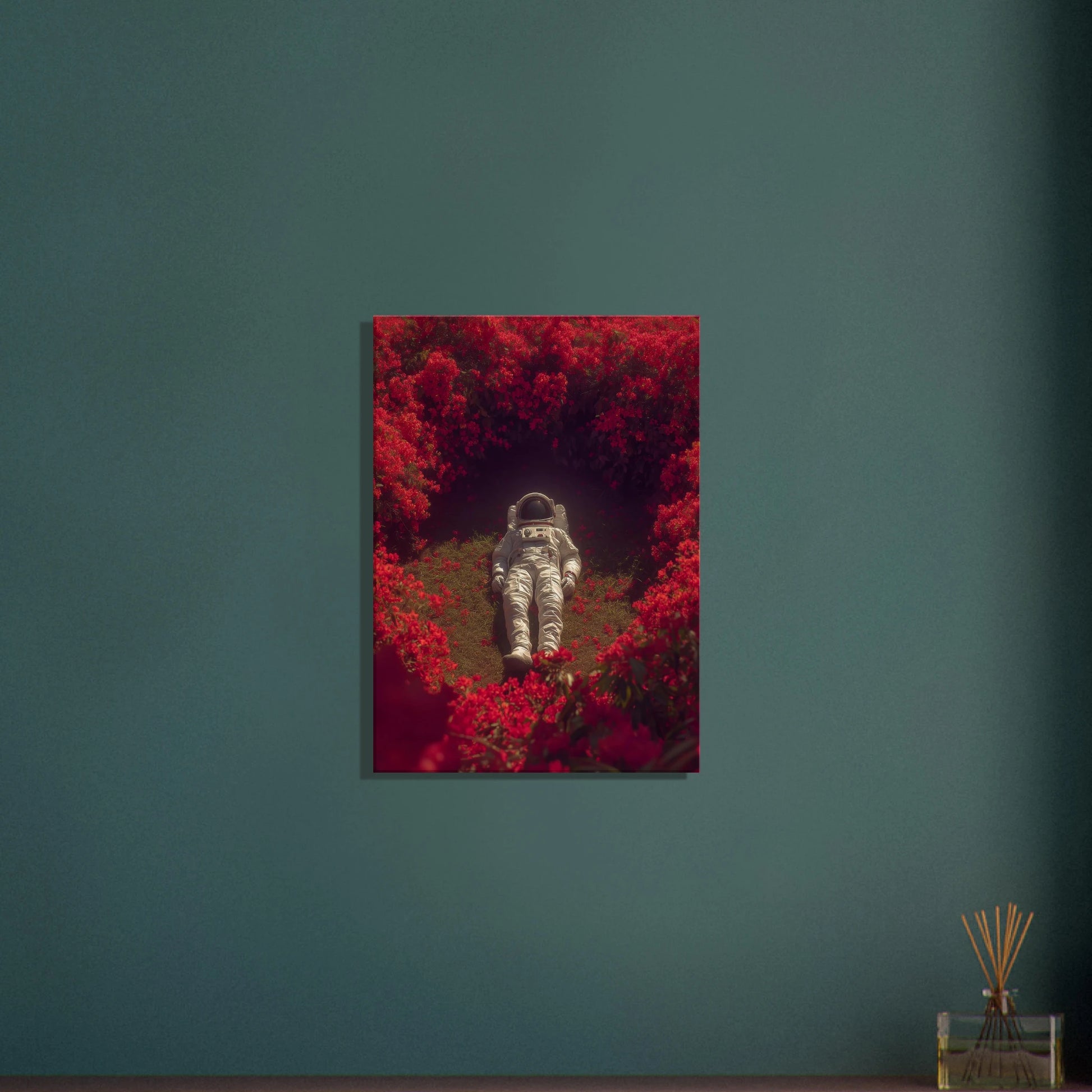 Surreal space art canvas featuring an astronaut in a crimson garden, blending humanity with nature for modern interiors.