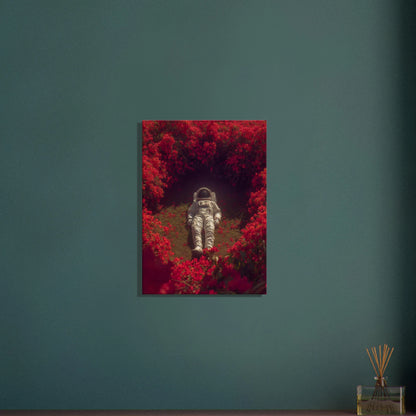 Surreal space art canvas featuring an astronaut in a crimson garden, blending humanity with nature for modern interiors.