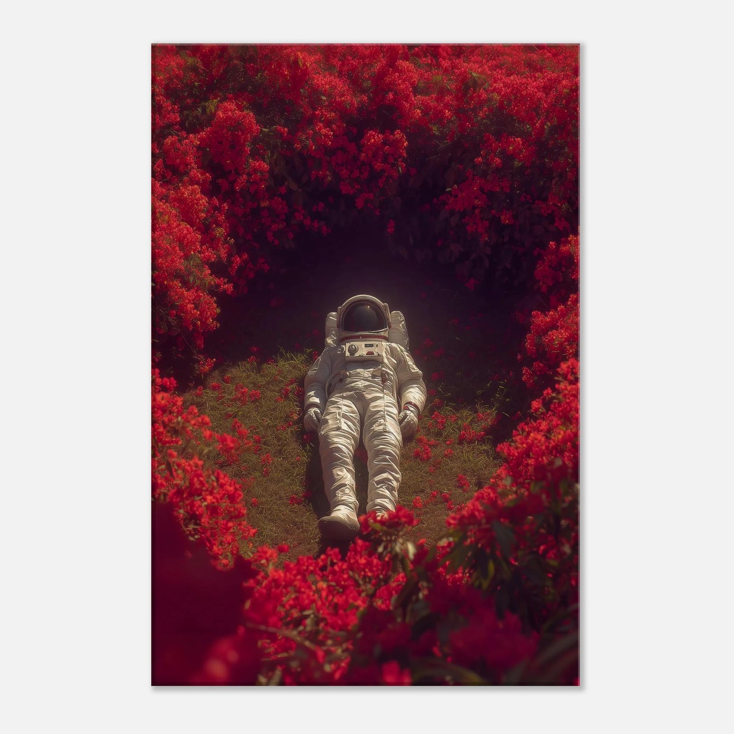 Surreal space art canvas: Astronaut in crimson garden combines nature and cosmic wonder on premium-quality canvas.