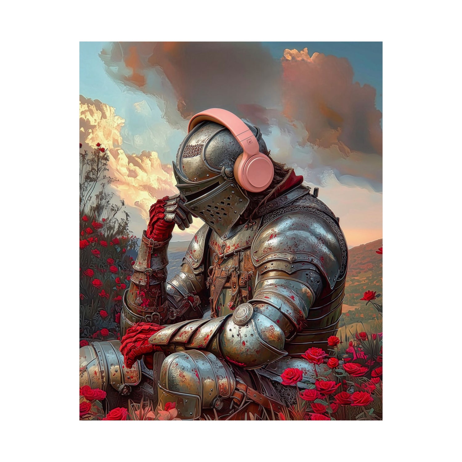 medieval knight wall art with pink headphones surreal fantasy art print