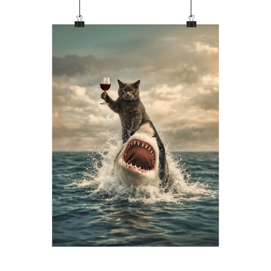 Cat Riding Shark Poster – Funny Surreal Wall Art | Cat with Wine Glass
