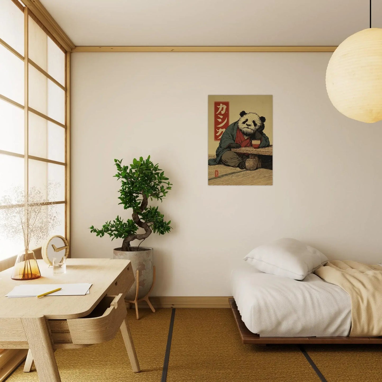 Elegant bedroom featuring Japanese Ukiyo-e Inspired Wall Art with a Zen Panda, adding a calm and artistic touch to the decor.