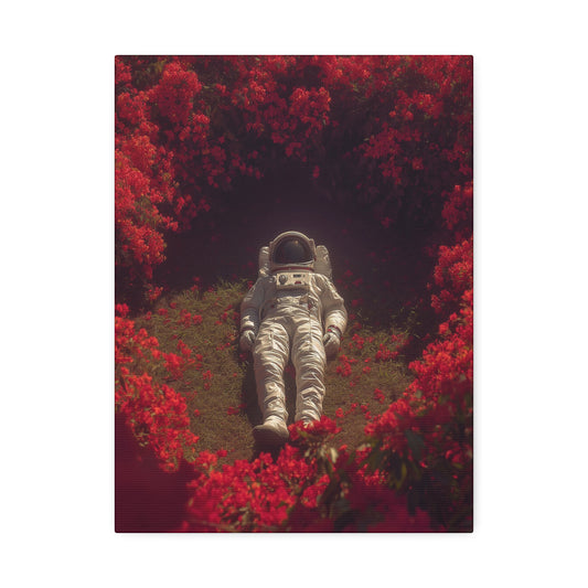 Astronaut lying among vibrant red flowers in a surreal space-themed canvas artwork.