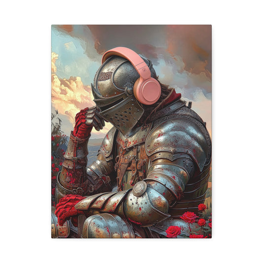 Knight in Roses Wall Art canvas featuring a medieval knight surrounded by red roses and dramatic lighting