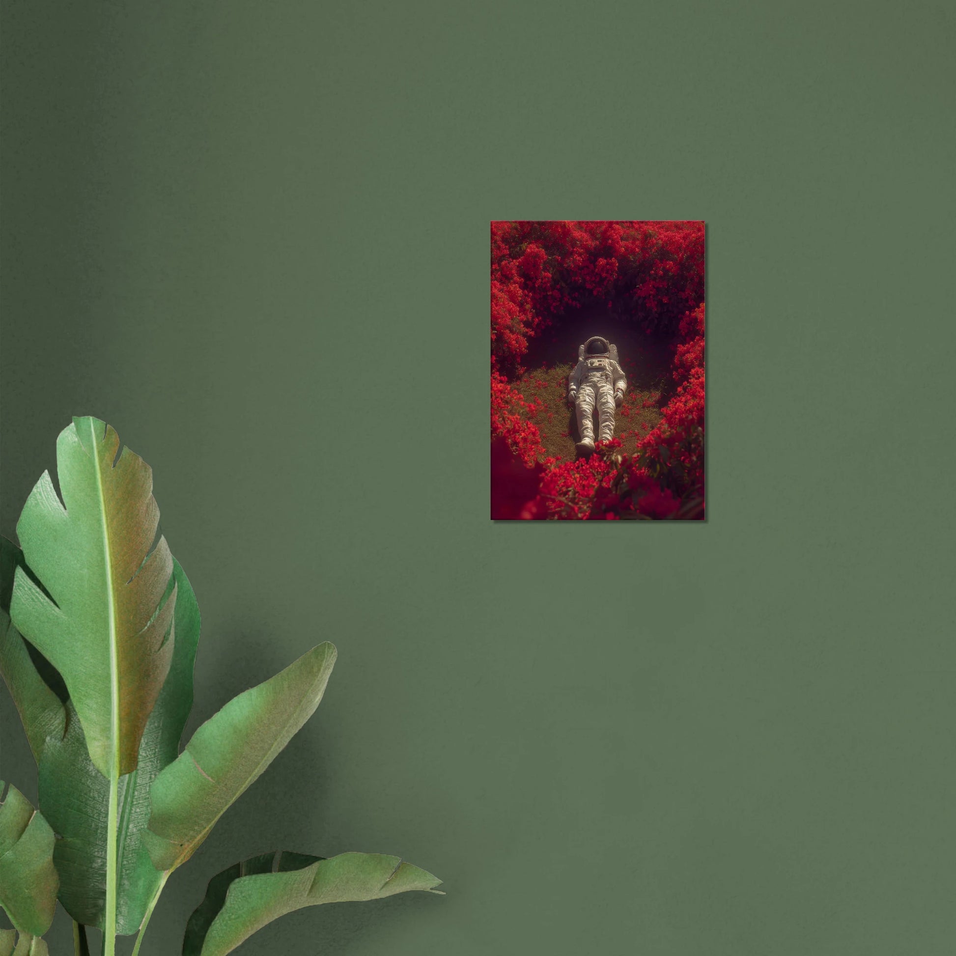 Surreal space art canvas featuring astronaut in crimson garden on hanging wall decor.