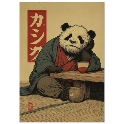 Japanese Ukiyo-e Inspired Wall Art featuring a Zen Panda in traditional attire with red background and kanji characters.