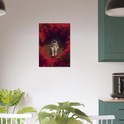 Surreal space art canvas featuring astronaut in crimson garden on wall, adding depth and beauty to modern interiors.