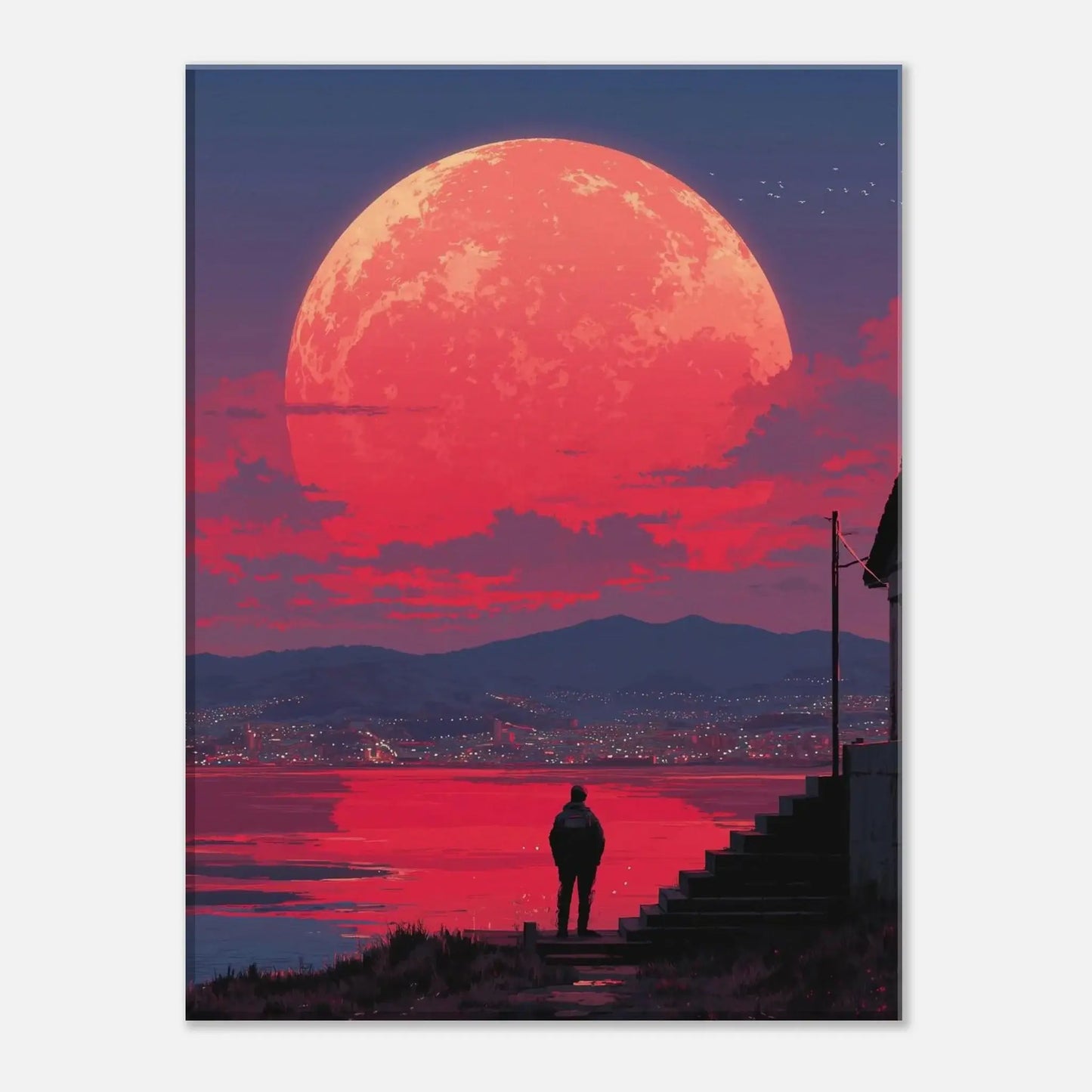 Crimson Moon Over the Sea - dreamlike night canvas art with oversized moon rising over calm waters, evoking solitude and reflection.