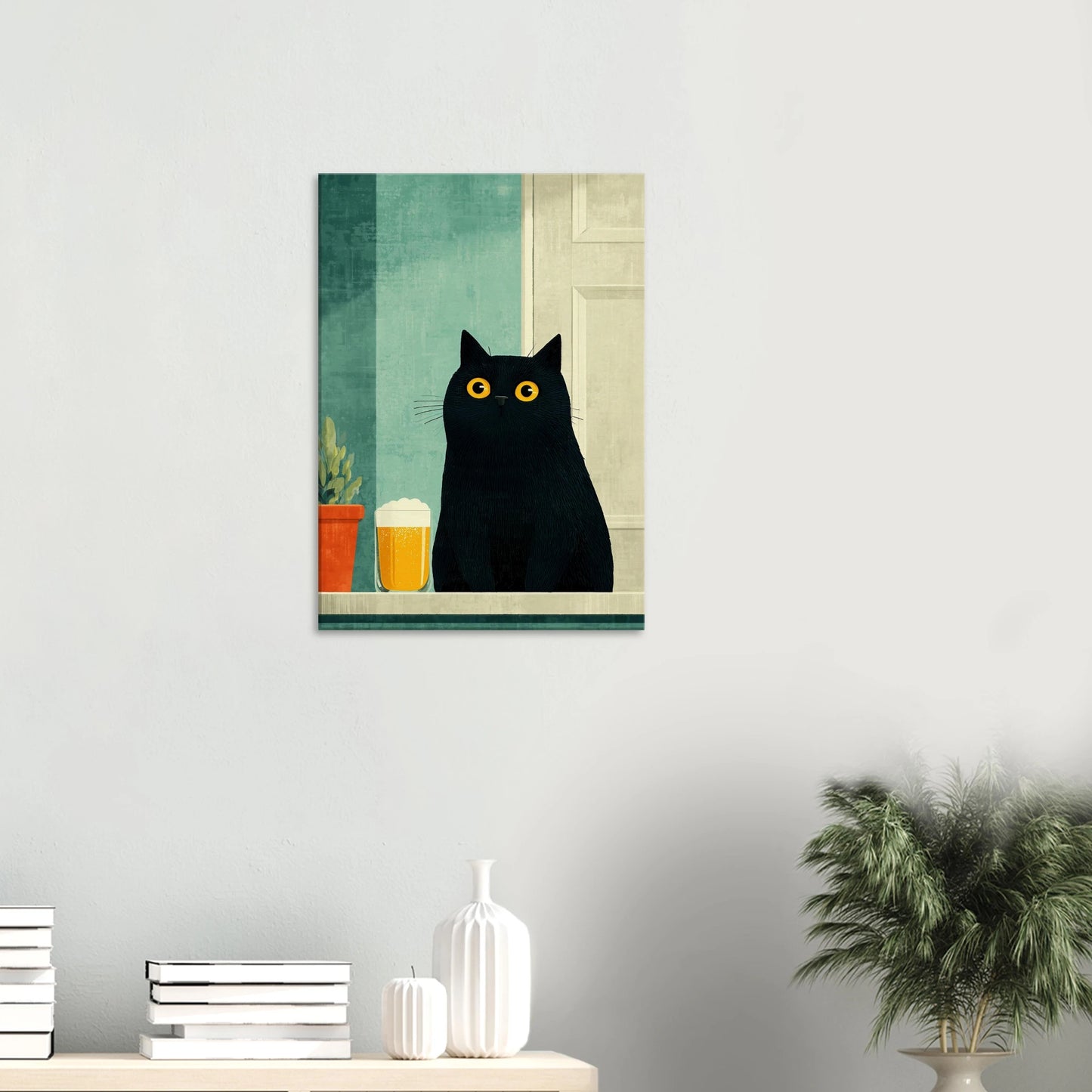 Black Cat & Beer Canvas Art featuring a black cat with golden eyes and a glass of beer, perfect for minimal cat-themed decor.