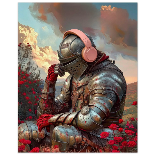 The Knight of Silence art print featuring an armored knight with headphones among red roses, showcasing surreal medieval emotion.