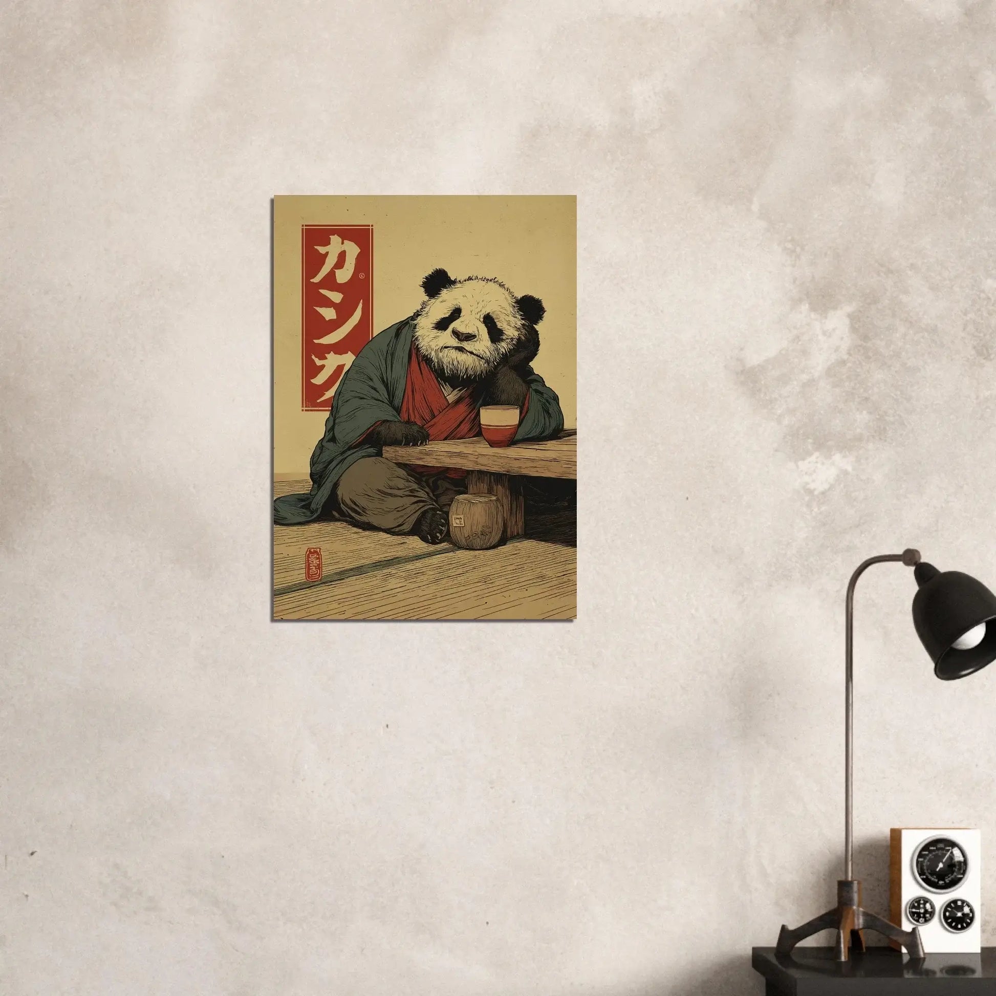 Zen Panda Poster - Japanese Ukiyo-e inspired wall art in a modern interior setting.