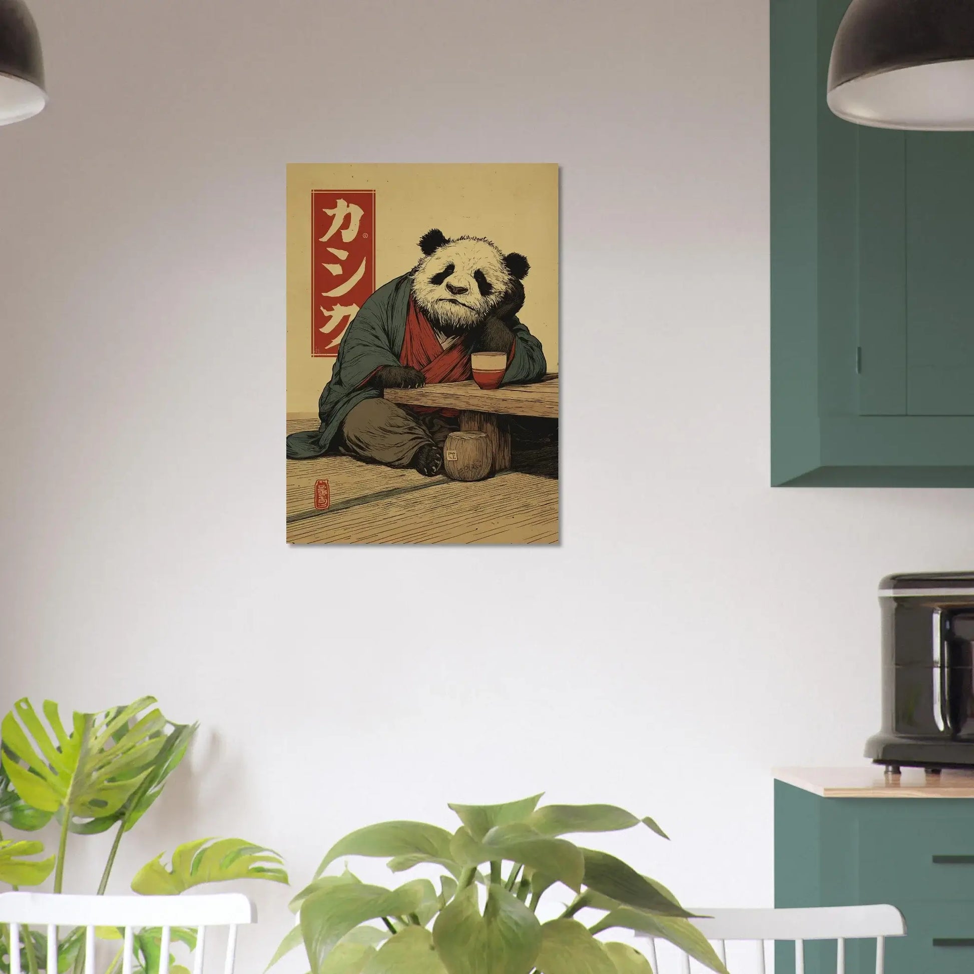Zen Panda Poster – Japanese ukiyo-e inspired wall art in a modern kitchen setting