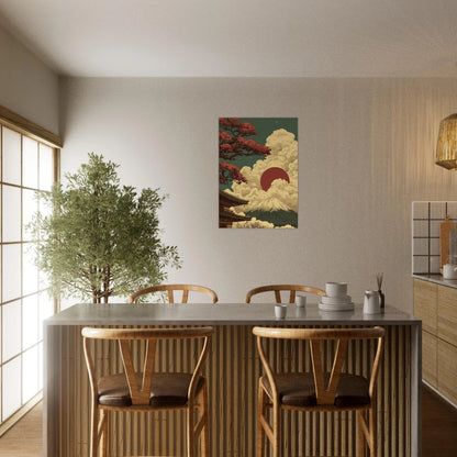 Japanese Zen Landscape Poster featuring Mount Fuji and red sun in a modern dining space, evoking tranquility and balance.
