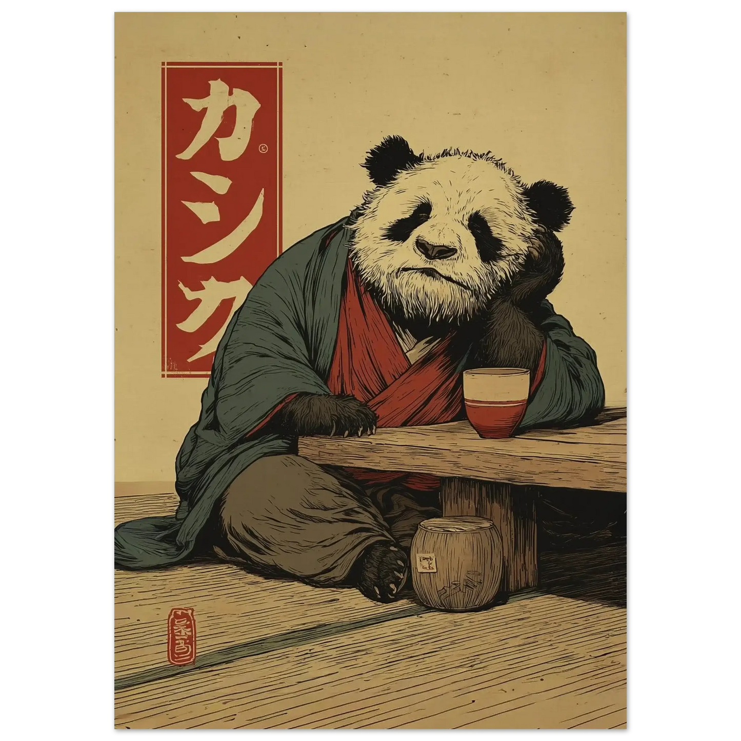 Zen Panda Poster – Japanese ukiyo-e inspired wall art featuring a serene panda in traditional attire, ideal for creating a calming atmosphere.