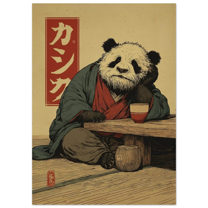 Zen Panda Poster – Japanese ukiyo-e inspired wall art featuring a serene panda in traditional attire, ideal for creating a calming atmosphere.