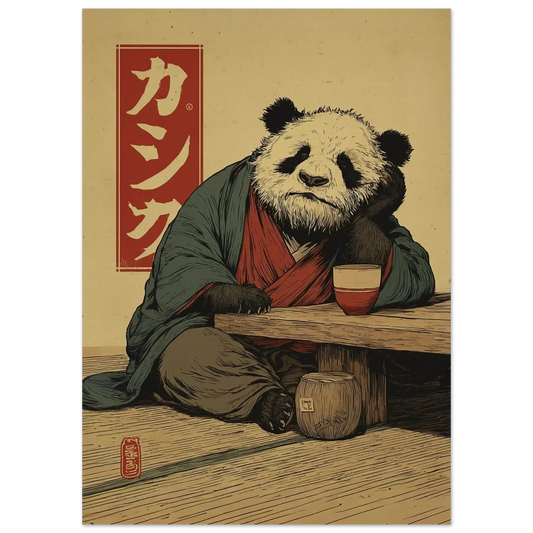 Zen Panda Poster – Japanese ukiyo-e inspired wall art featuring a serene panda in traditional attire, ideal for creating a calming atmosphere.
