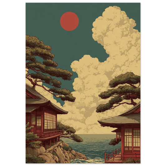 Japanese Zen Landscape Wall Art featuring traditional temple by the sea under a serene sky, evoking calm and beauty in home decor.