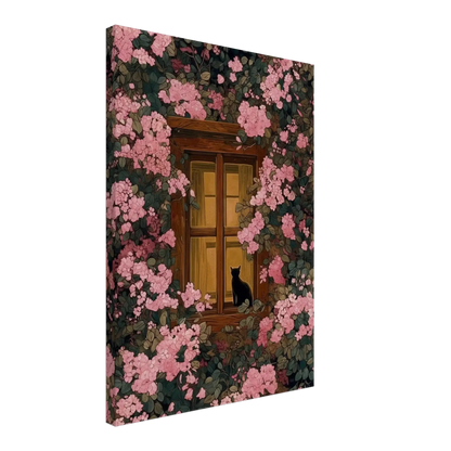 Pink Blossom Window Cat Canvas featuring a black cat by a window surrounded by pink blossoms and greenery, evoking warmth and serenity