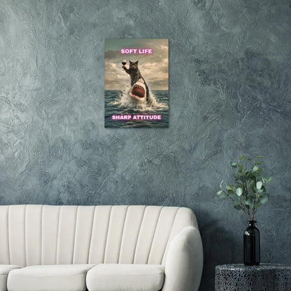 Funny Cat & Shark Poster on wall: cat riding shark with wine, text 'Soft Life Sharp Attitude', playful home decor, matte paper.