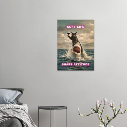 Funny Cat & Shark Poster on wall, featuring a confident cat riding a shark with a wine glass, soft life, sharp attitude.