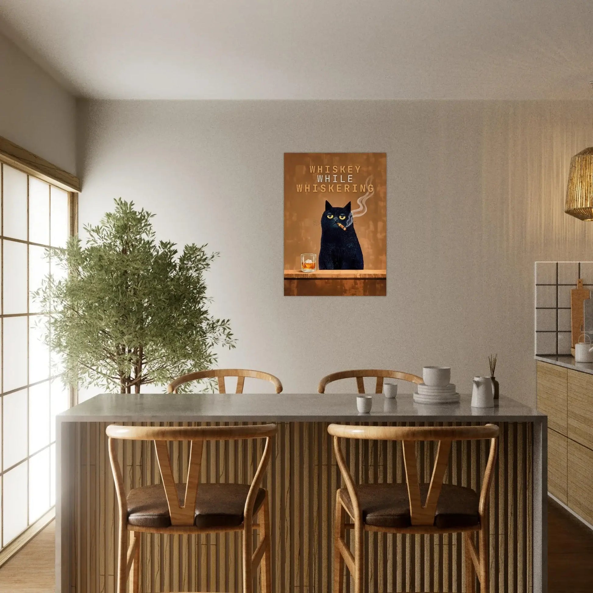Vintage Cat Bar Poster featuring a whimsical cat with whiskey, perfect for home bars and lounges.
