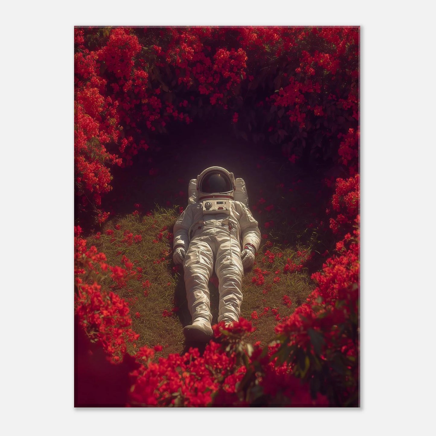 Surreal space art canvas featuring an astronaut in a crimson garden, blending humanity and nature for modern decor.