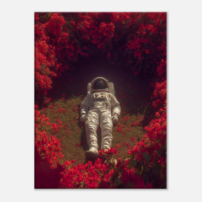Surreal space art canvas featuring an astronaut in a crimson garden, blending humanity and nature for modern decor.