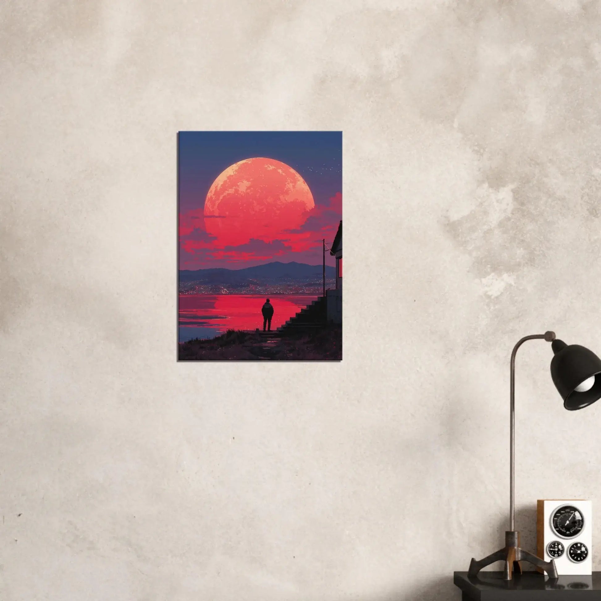 Crimson Moon Over the Sea canvas art with oversized moon rising over twilight waters, perfect for modern interiors.