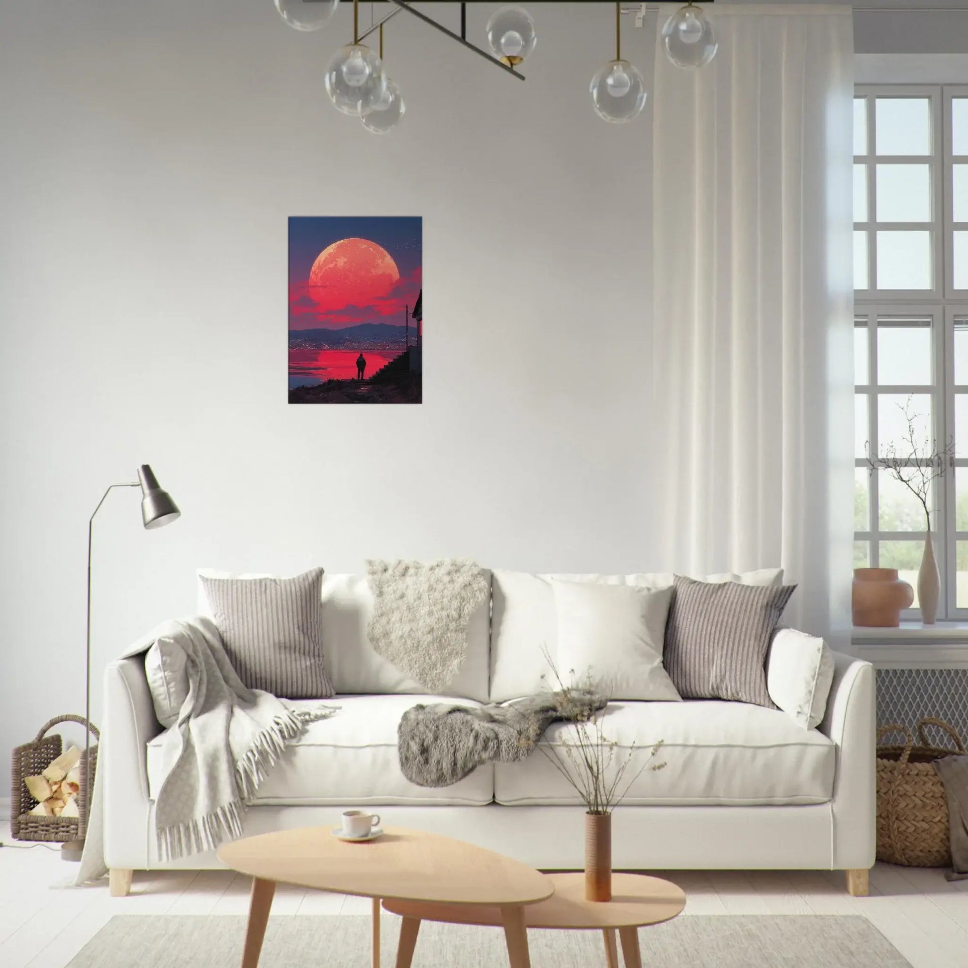 Crimson Moon Over the Sea canvas art in modern living room, depicting a surreal red moon over twilight waters, adding a reflective ambiance.