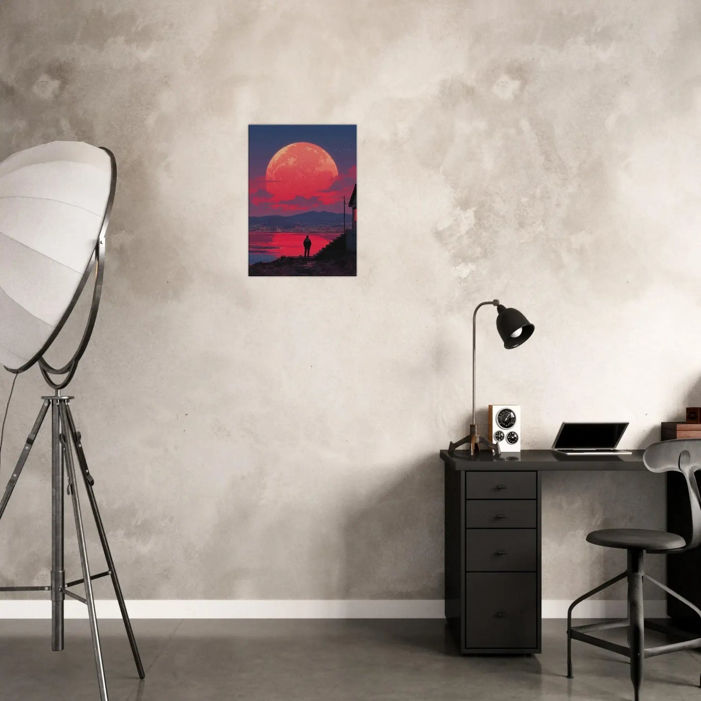 Crimson Moon Over the Sea canvas art in modern interior, vibrant reds, surreal landscape, perfect for contemplative spaces.