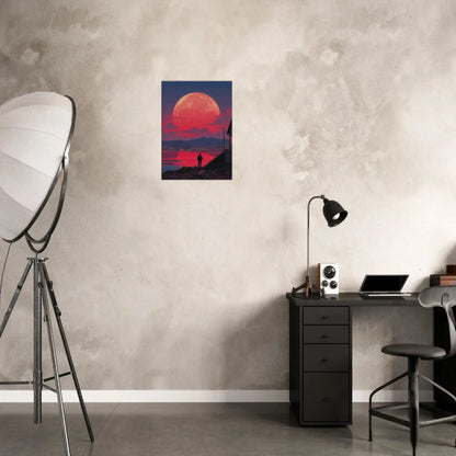 Crimson Moon Over the Sea canvas art in modern interior, vibrant reds, surreal landscape, perfect for contemplative spaces.