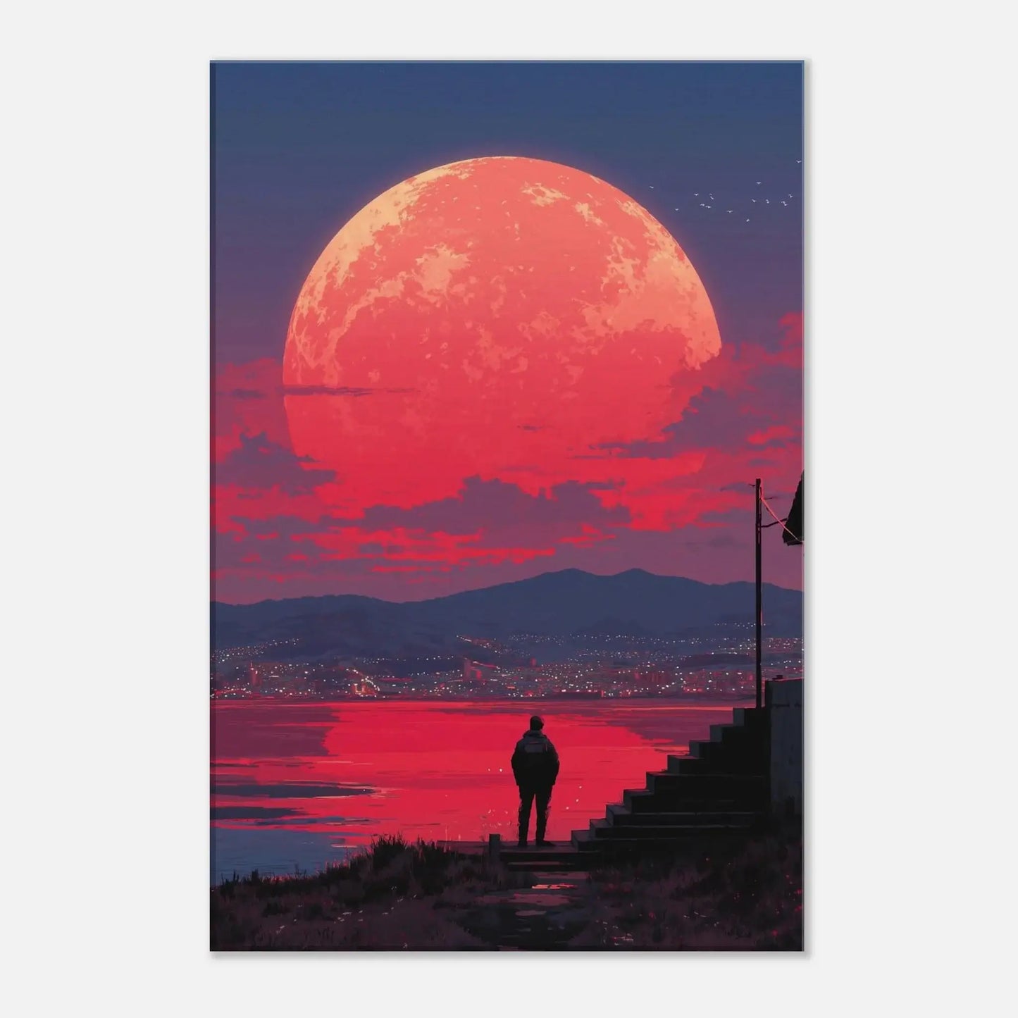 Crimson Moon Over the Sea canvas art depicting a red moon rising over calm waters, creating a dreamlike and atmospheric scene.
