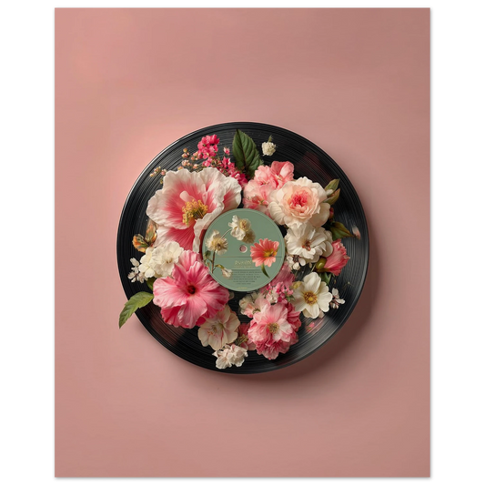 Floral Vinyl Art featuring pink and white flowers on a vintage record against a soft pastel background, symbolizing nature and music harmony.