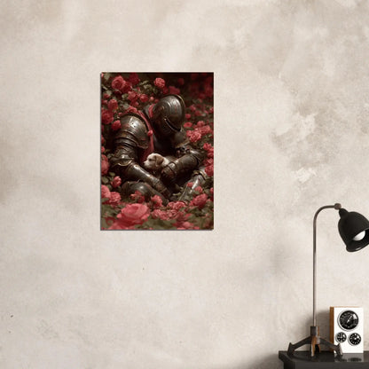 Surreal medieval love poster of a knight with a white dog among roses, blending strength and tenderness in dark fantasy art.