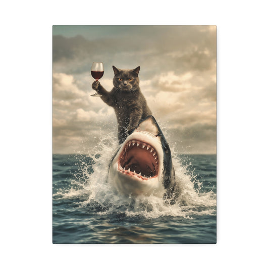 Cat riding shark surreal canvas wall art with dramatic ocean scene
