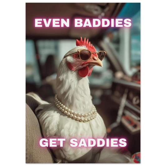 Even Baddies Get Saddies funny chicken wall art with a stylish chicken wearing sunglasses and pearls in a car